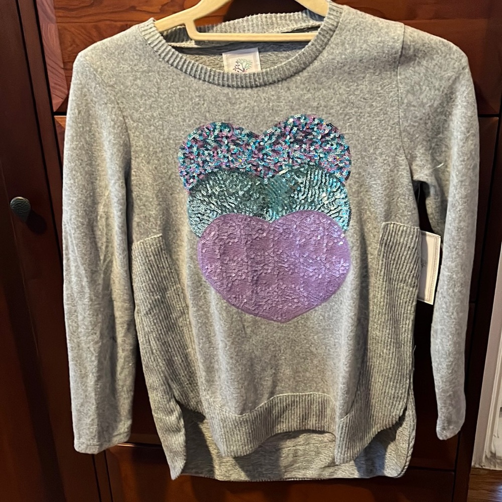 Colortree Girl's grey soft cozy Sweatshirt Sequined Hearts Size 14 NWT
